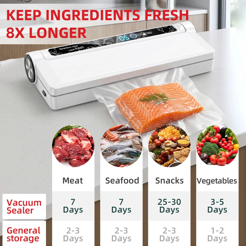 90W High Power Vacuum Sealer 62KPA Strong Suction Digital Countdown Dry & Wet Food Sealer Machine with 20pcs Bags for Home Refrigerator Sous Vide Cooking