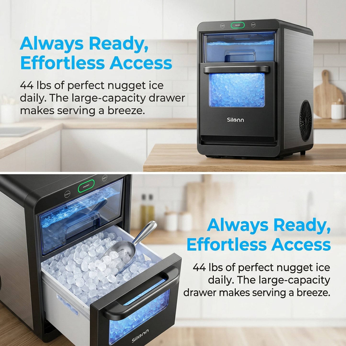 Nugget Ice Maker Countertop - Smart Pebble Ice Machine, Delivers in Just 10 Minutes, Pellet Ice 44 lbs per Day, Crushed Ice from Timer Function and Status Alerts with App