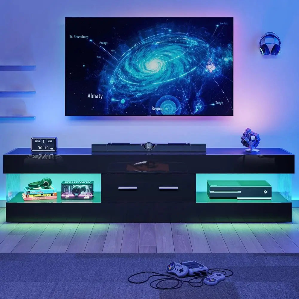 67" ern TV Stand or 75 Inch TV, LED Entertainment Center, Black | its up to 75 in TV, High Gloss with Stone Do, Storage Der & Sh