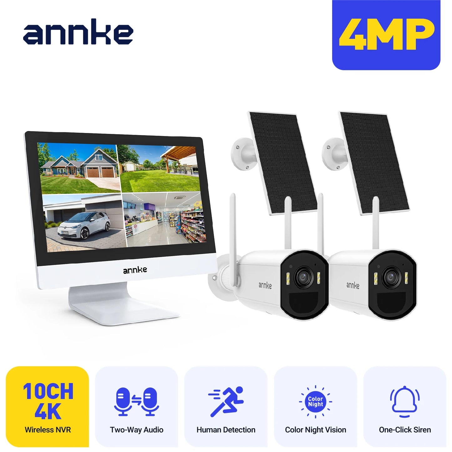 ANNKE 4MP Wireless Solar Security System with 12" All-in-One NVR Monitor , 10‑Channel, 2.4G/5.8G Dual‑Band WiFi, Two‑Way Audio, Smart Detection, IP65, Expandable (2/4/6/8/10 Cameras)