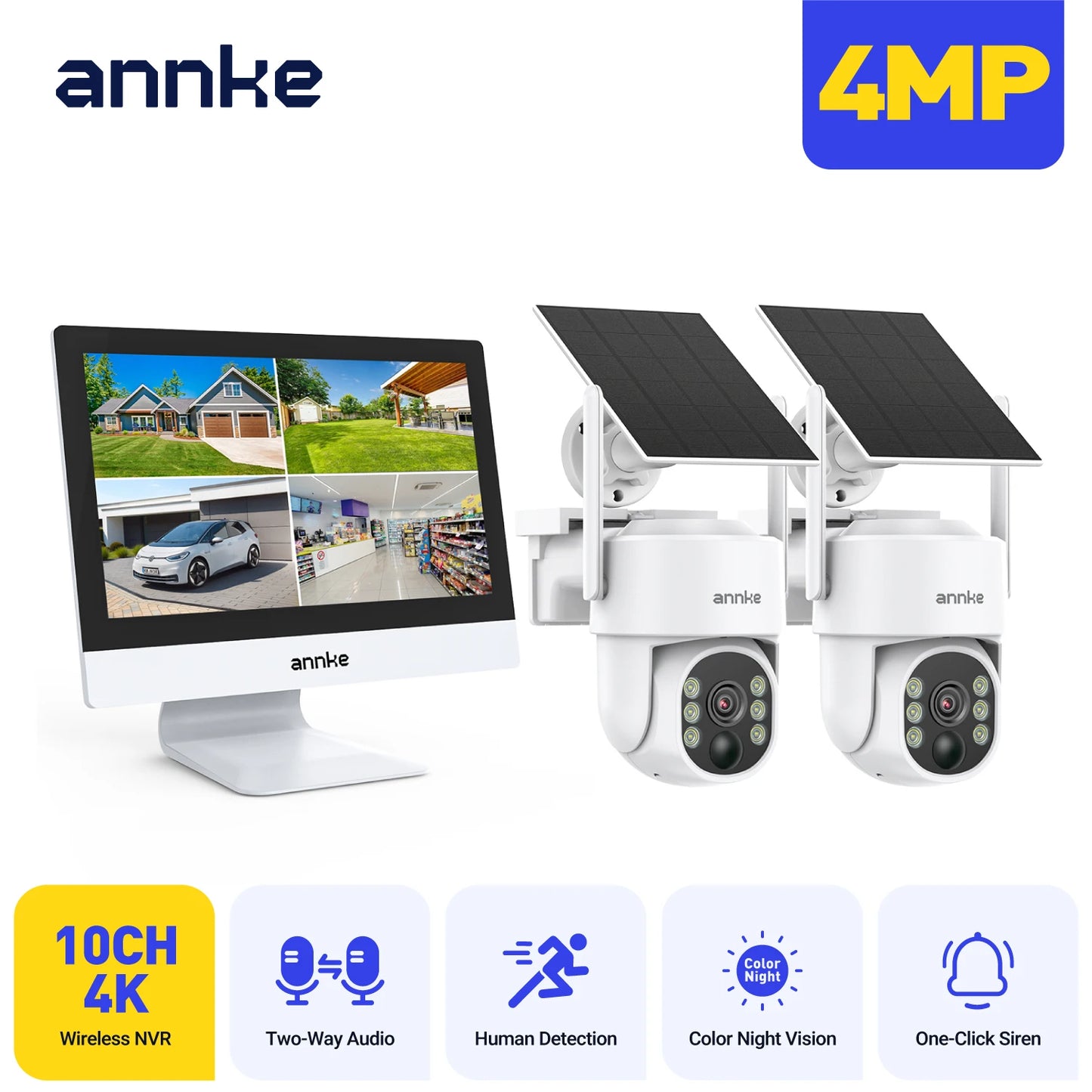 ANNKE Wireless Solar Security System – 10CH 12inch 8MP NVR 4MP PT Camera, Dual-Light Full-Color Night Vision, PIR+AI Human Detection, Two-Way Audio, APP Alerts & Alexa Compatible