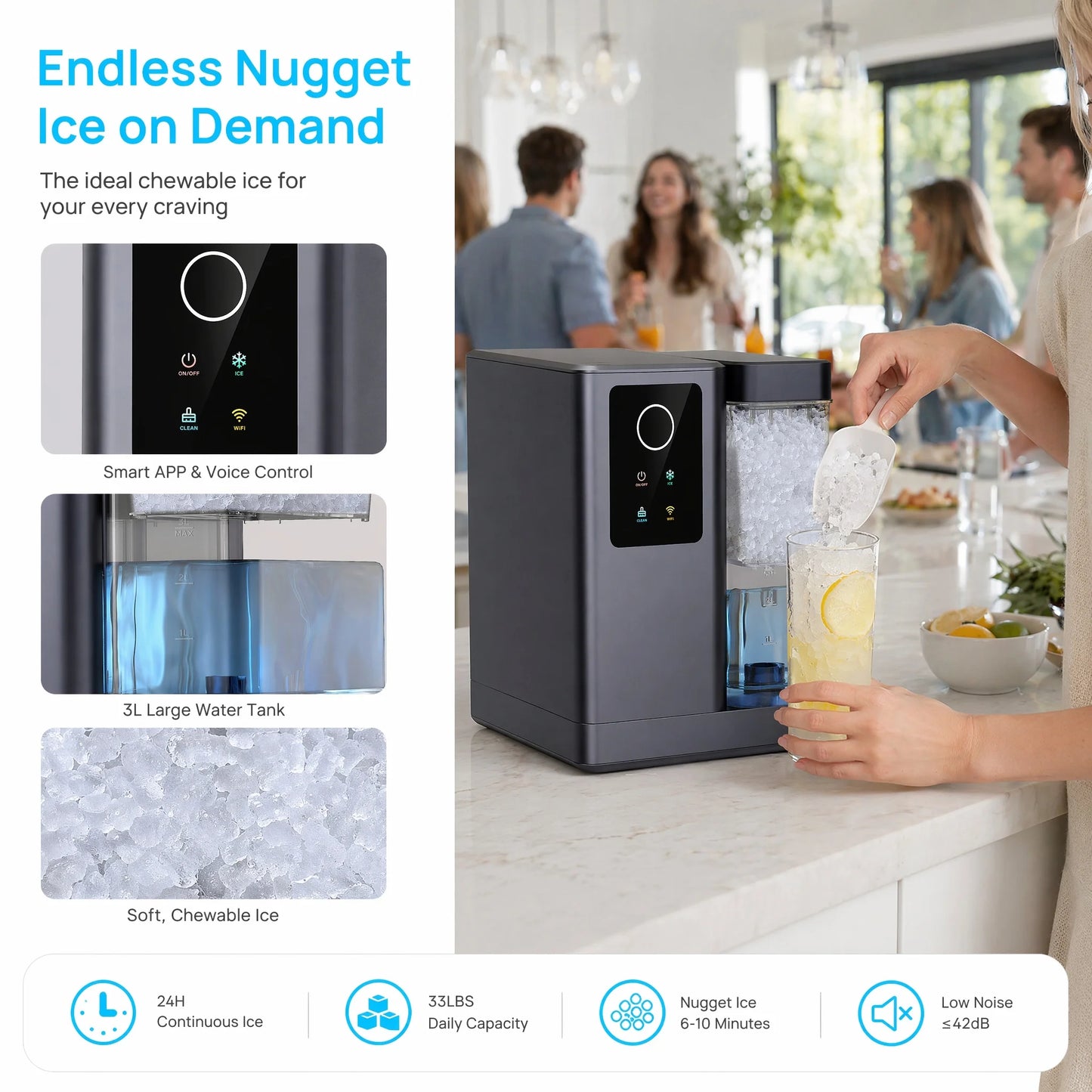 Nugget Ice Maker Countertop with APP & Voice Control, Self Cleaning Ice Machine with 3L Large Water Tank, 40 Lbs/24H Soft Chewable Ice, Portable Pebble Ice Maker for Home, Kitchen and Party