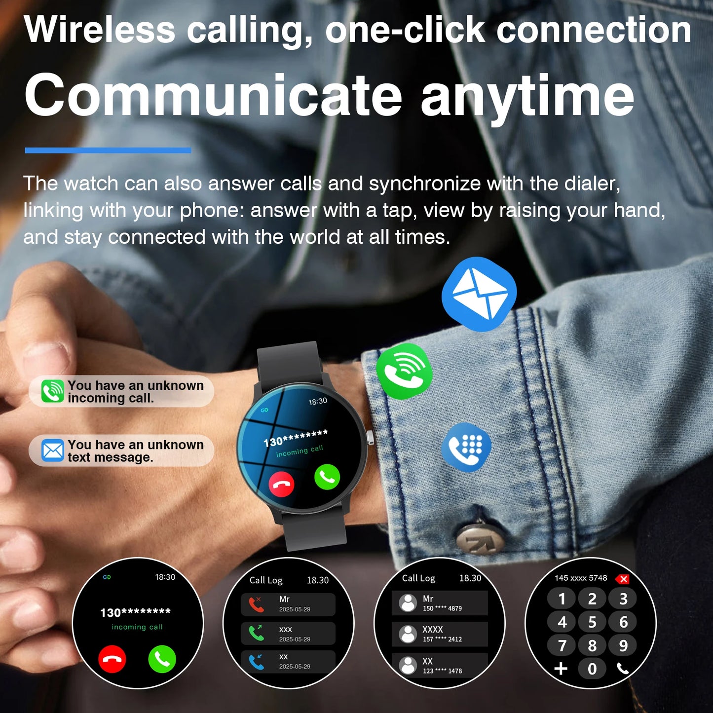 1.65-inch Full Screen Touch Sports Smartwatch with Wireless Call/message Reminder/multiple Sports Modes,music Playback,Compatible with Android&Iphone, Valentine'S Day/Christmas/New Year/Birthday Watch Gift, Suitable for Famil