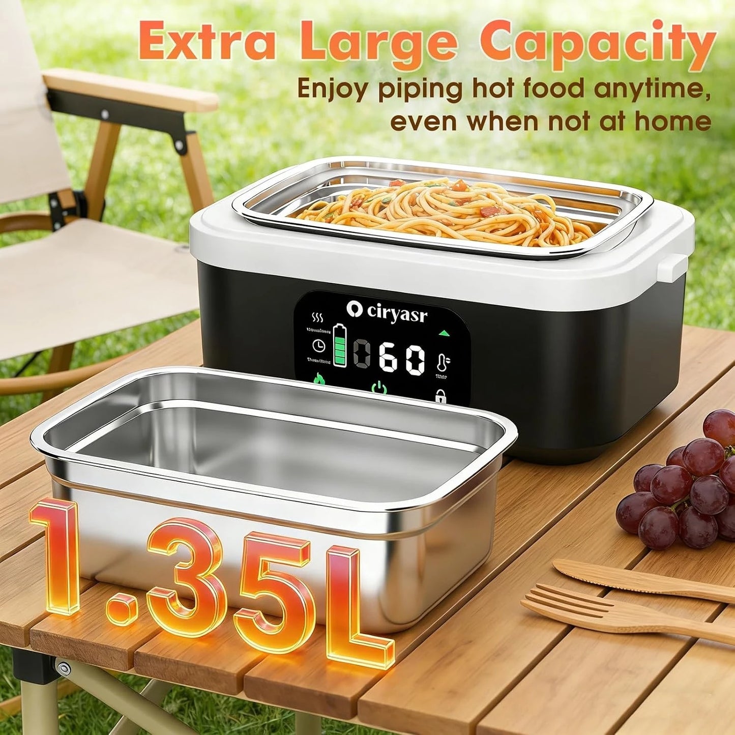 Powerful Electric Lunch Box, 1.35L 20000mAh Battery Powered Heated Lunch Box, Fast Heating&Long Lasting, Food Warmer with Stainless Steel Tableware and Insulated Bag for Car Office Camping Picnic