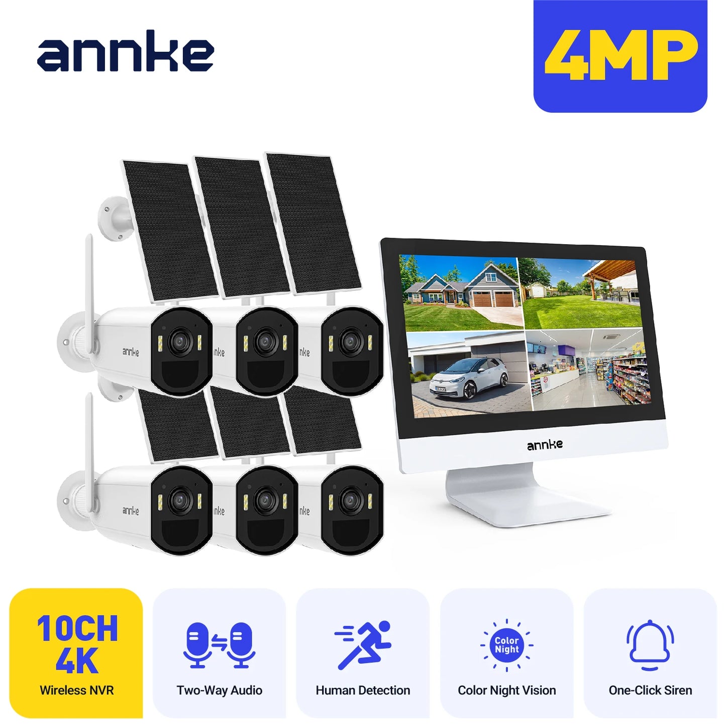 ANNKE 4MP Wireless Solar Security System with 12" All-in-One NVR Monitor , 10‑Channel, 2.4G/5.8G Dual‑Band WiFi, Two‑Way Audio, Smart Detection, IP65, Expandable (2/4/6/8/10 Cameras)