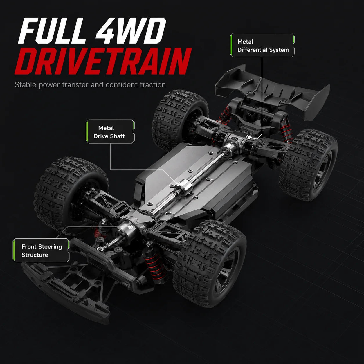 4WD Carbon Brush RC Off Road Car 35KM/H 2.4G Proportional Remote 80M Range Metal Differential Aluminum Alloy Chassis LED Headlight