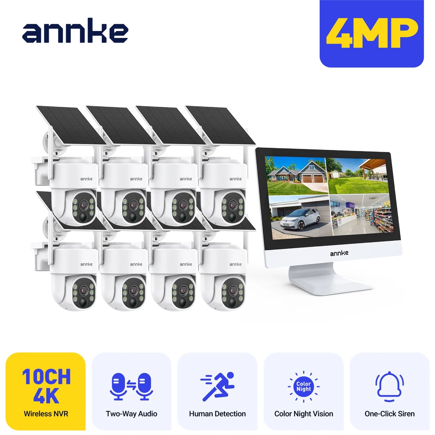 ANNKE Wireless Solar Security System – 10CH 12inch 8MP NVR 4MP PT Camera, Dual-Light Full-Color Night Vision, PIR+AI Human Detection, Two-Way Audio, APP Alerts & Alexa Compatible