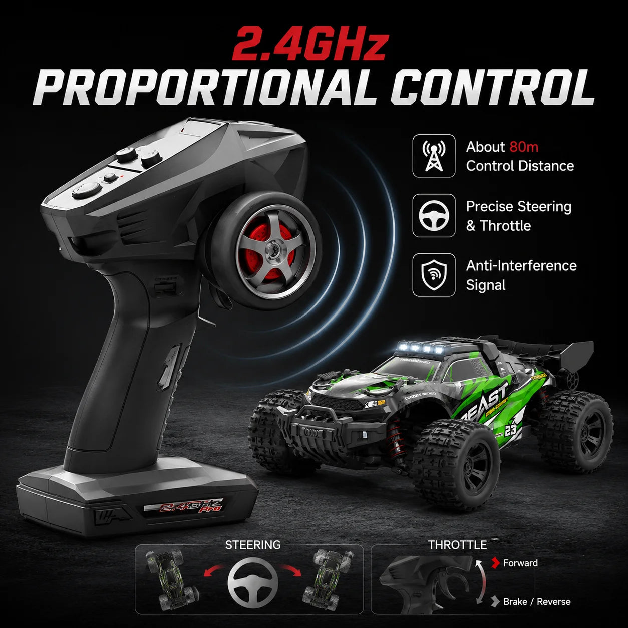 4WD Carbon Brush RC Off Road Car 35KM/H 2.4G Proportional Remote 80M Range Metal Differential Aluminum Alloy Chassis LED Headlight