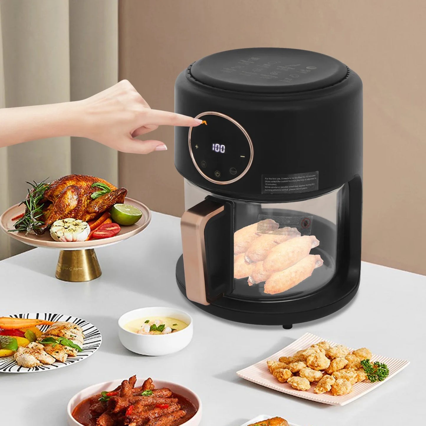 NEWEST 3.81Qt Airy Fryer 1200W Glass Air Fryer 360° Viewable Digital Airfryer Dehydrator Adjustable Temp 176℉ - 392℉ Nonstick 8 Presets Fast & Crispy Cooking Dishwasher Safe (Black)