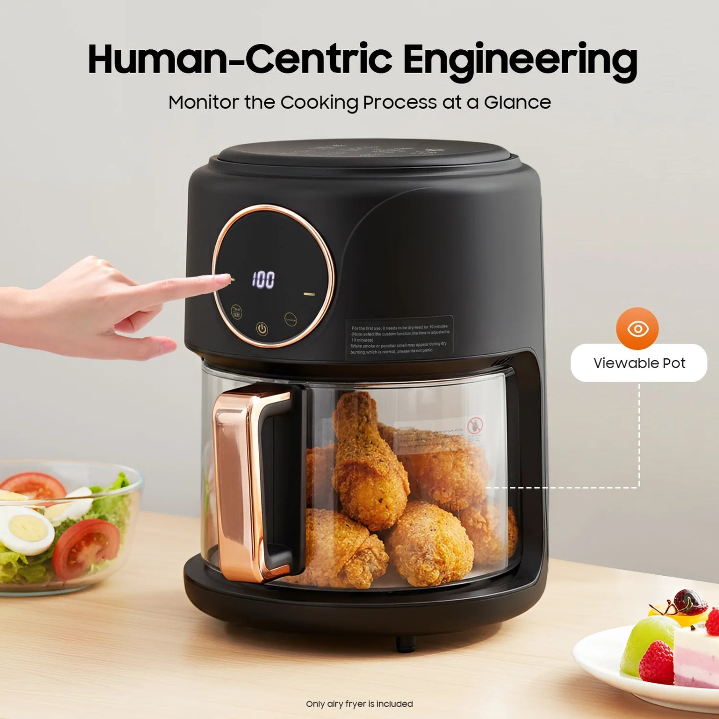 NEWEST 3.81Qt Airy Fryer 1200W Glass Air Fryer 360° Viewable Digital Airfryer Dehydrator Adjustable Temp 176℉ - 392℉ Nonstick 8 Presets Fast & Crispy Cooking Dishwasher Safe (Black)