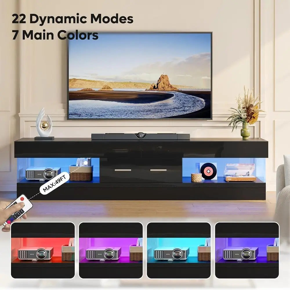 67" ern TV Stand or 75 Inch TV, LED Entertainment Center, Black | its up to 75 in TV, High Gloss with Stone Do, Storage Der & Sh