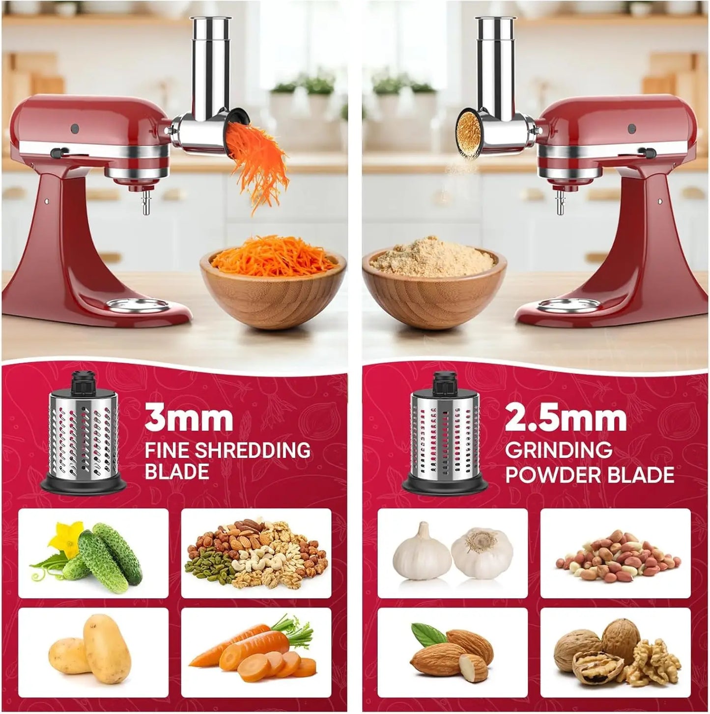 Stainless Steel Slicer Shredder Attachment for KitchenAid Stand Mixers Salad Maker Grinding Powder with 4 Blades