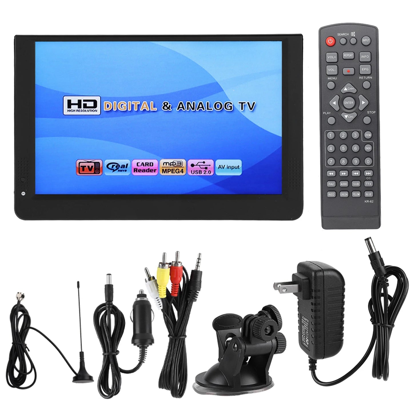 Car Digital TV 12in Color Screen 1080P Car Digital TV ATV/UHF/VHF Stereo Surrounding Car Television Car Television Portable TV