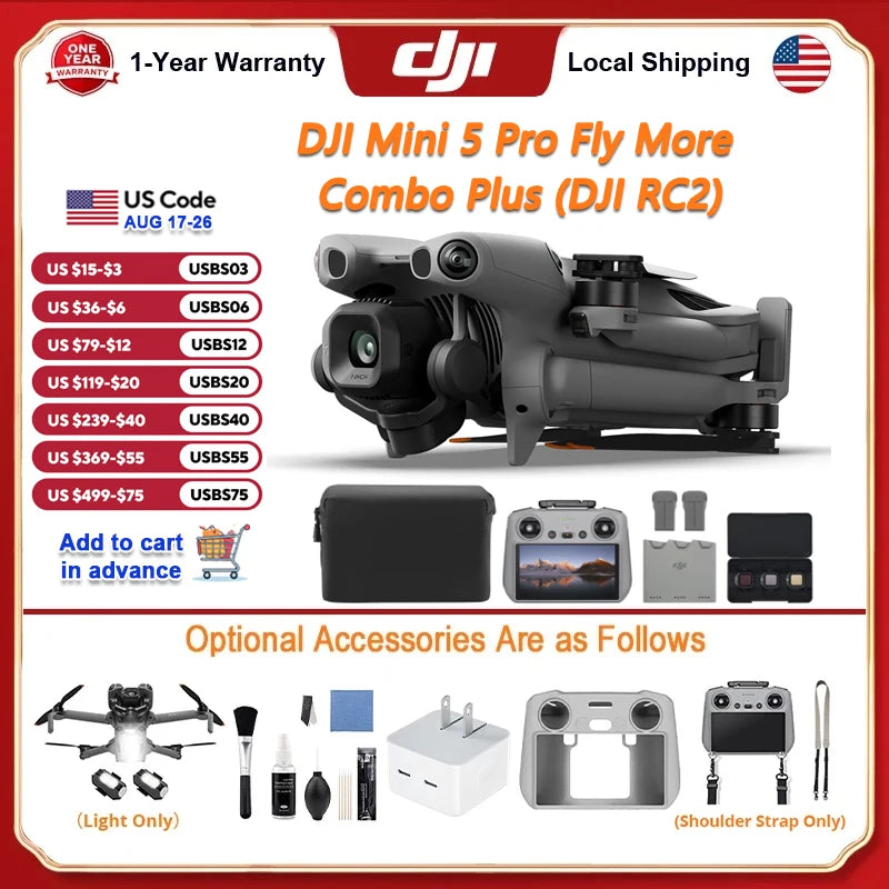 DJI Mini 5 Pro Fly More Combo Plus FPV Drone With Camera Strobe Light & Charger & Cleaning Kit Mini Drones 4k Professional Omnidirectional Obstacle Sensing ActiveTrack