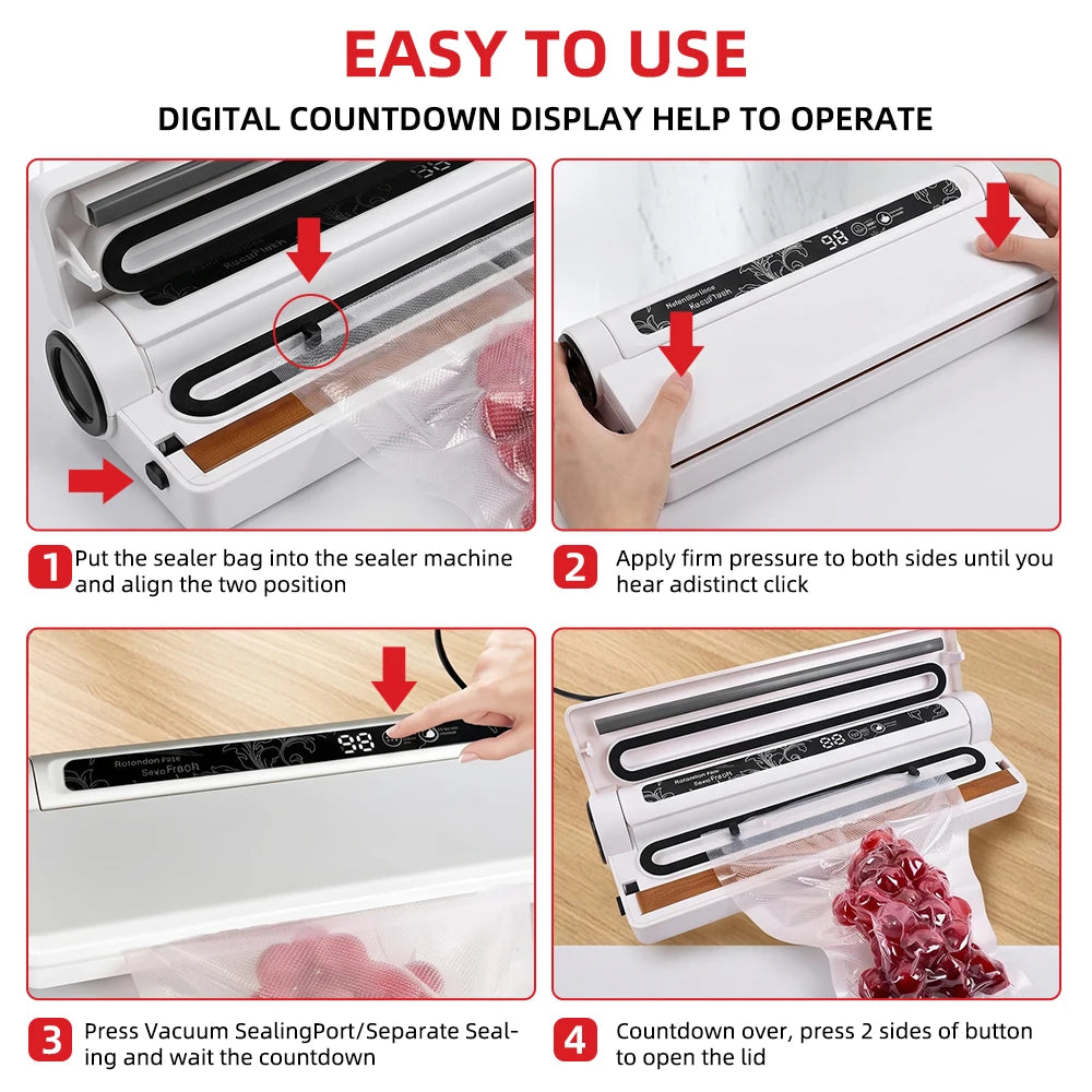 90W High Power Vacuum Sealer 62KPA Strong Suction Digital Countdown Dry & Wet Food Sealer Machine with 20pcs Bags for Home Refrigerator Sous Vide Cooking