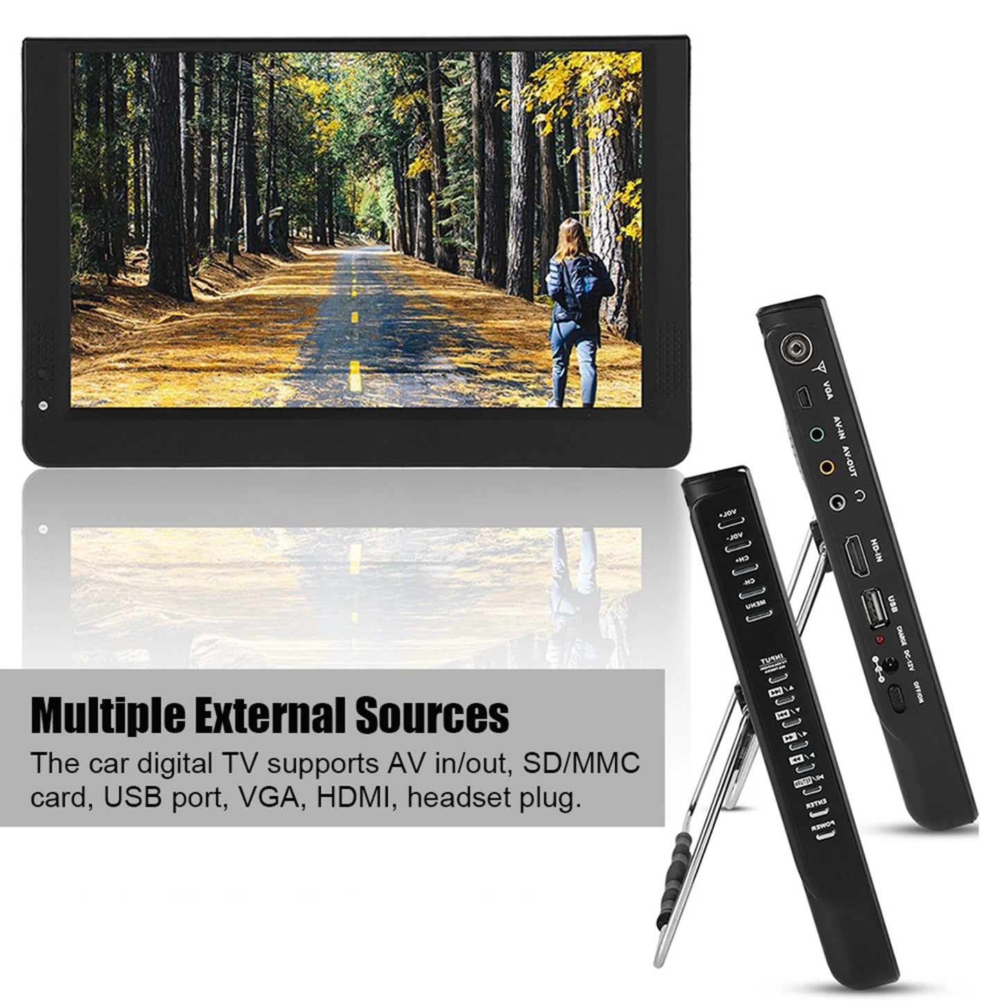 Car Digital TV 12in Color Screen 1080P Car Digital TV ATV/UHF/VHF Stereo Surrounding Car Television Car Television Portable TV
