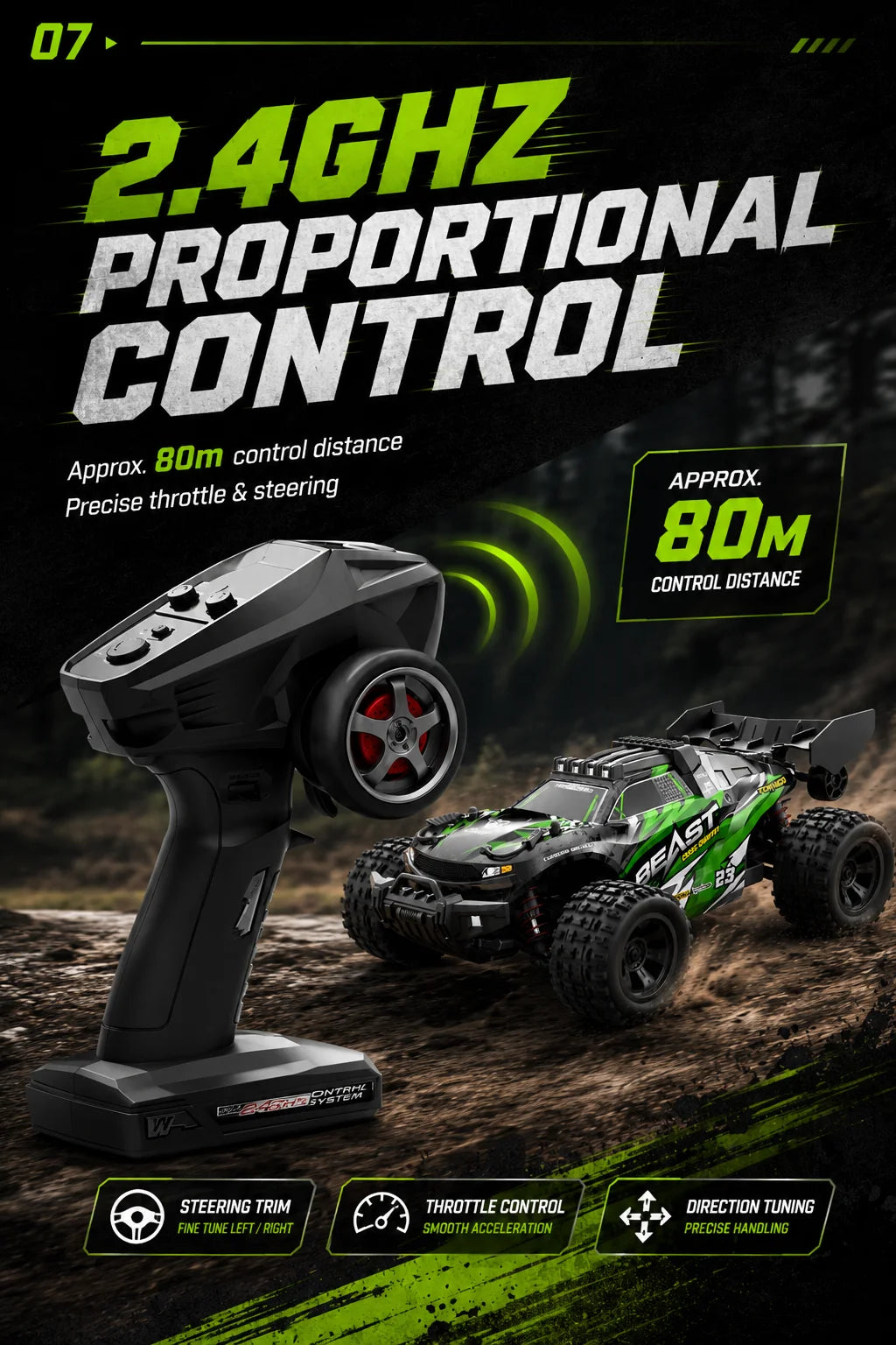 4WD Carbon Brush RC Off Road Car 35KM/H 2.4G Proportional Remote 80M Range Metal Differential Aluminum Alloy Chassis LED Headlight