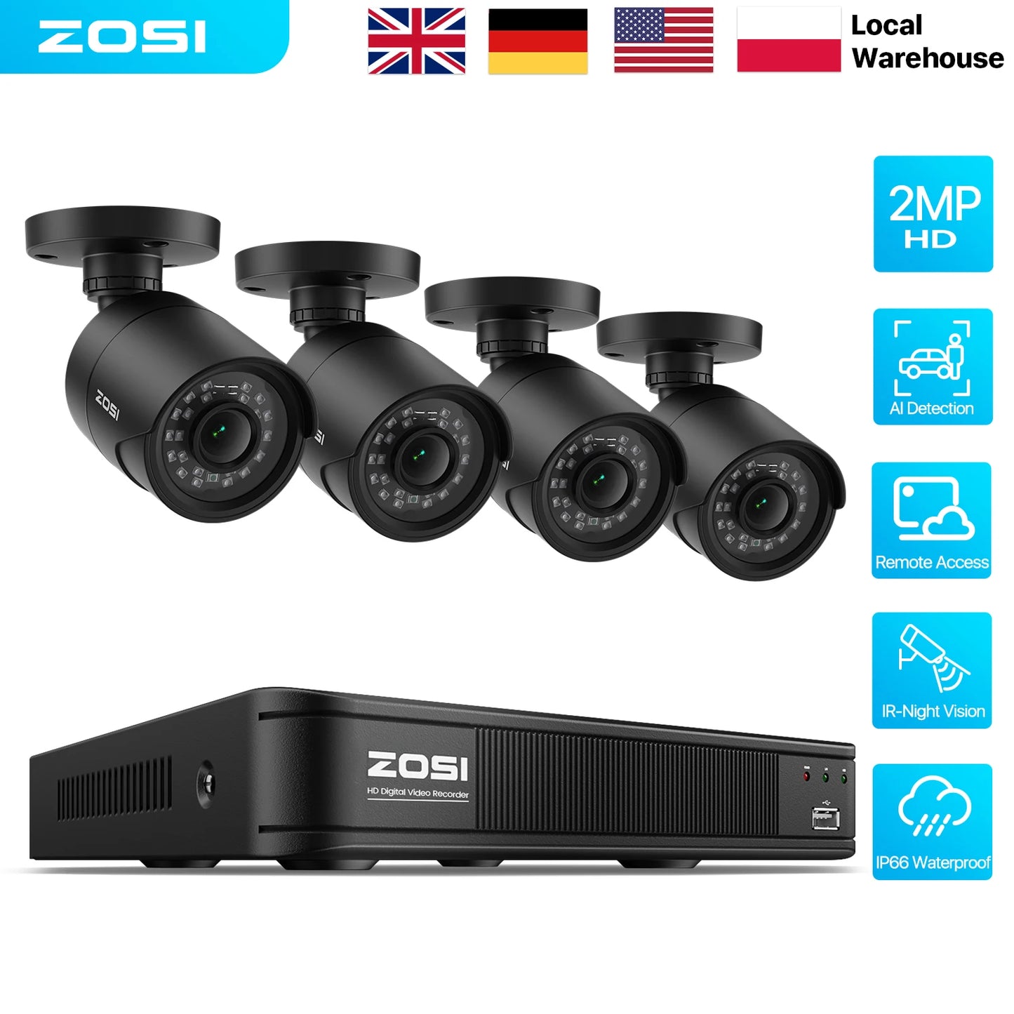 ZOSI 8CH 1080P Security Camera System 4-in-1 H.265+ DVR Outdoor IP66 Waterproof CCTV Cameras with IR Night Vision LEDs Home Surveillance System