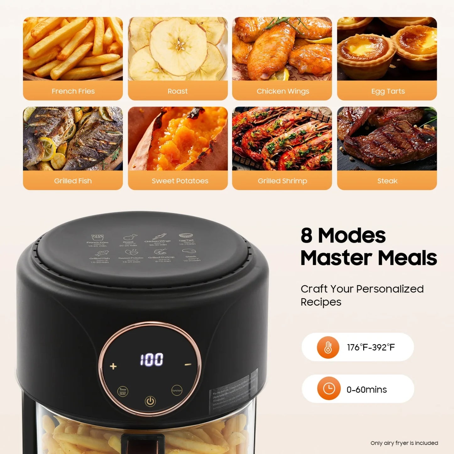 NEWEST 3.81Qt Airy Fryer 1200W Glass Air Fryer 360° Viewable Digital Airfryer Dehydrator Adjustable Temp 176℉ - 392℉ Nonstick 8 Presets Fast & Crispy Cooking Dishwasher Safe (Black)