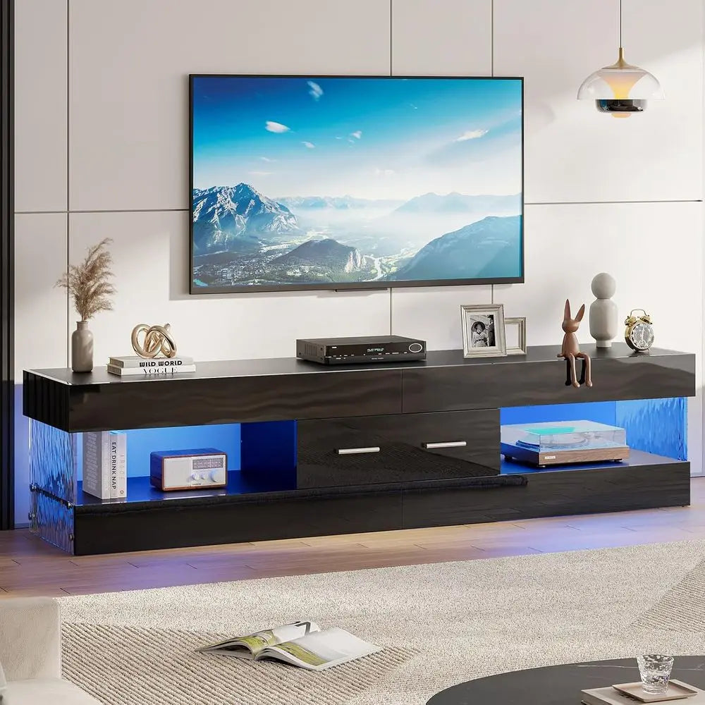 67" ern TV Stand or 75 Inch TV, LED Entertainment Center, Black | its up to 75 in TV, High Gloss with Stone Do, Storage Der & Sh