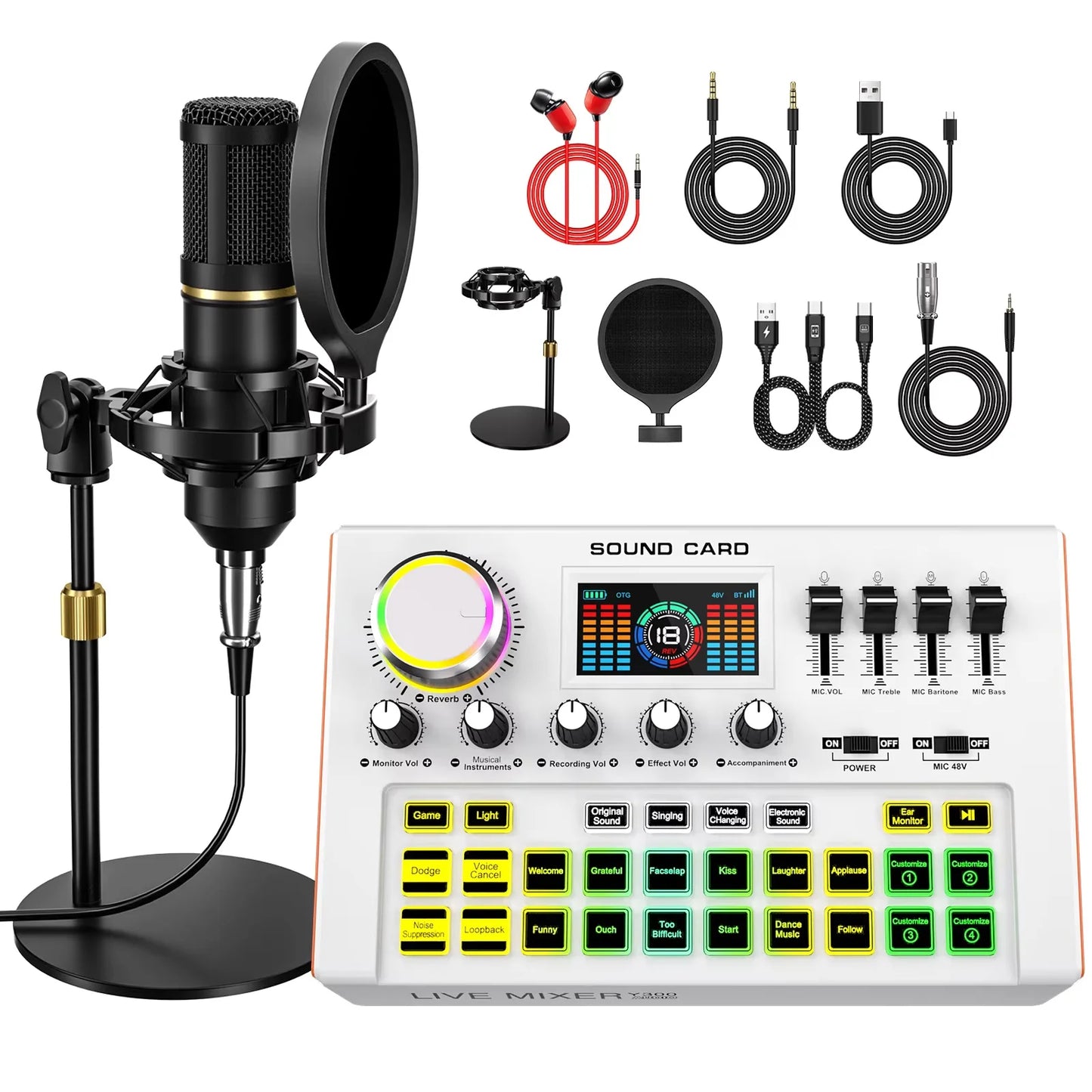 TENLAMP Y300 BM800 Podcast Microphone Bundle with Live Sound Card Audio Mixer Professional 3.5mm Condenser Mic for PC Smartphone Laptop Vlog Recording Live Streaming YouTube Karaoke Gaming Studio Setup