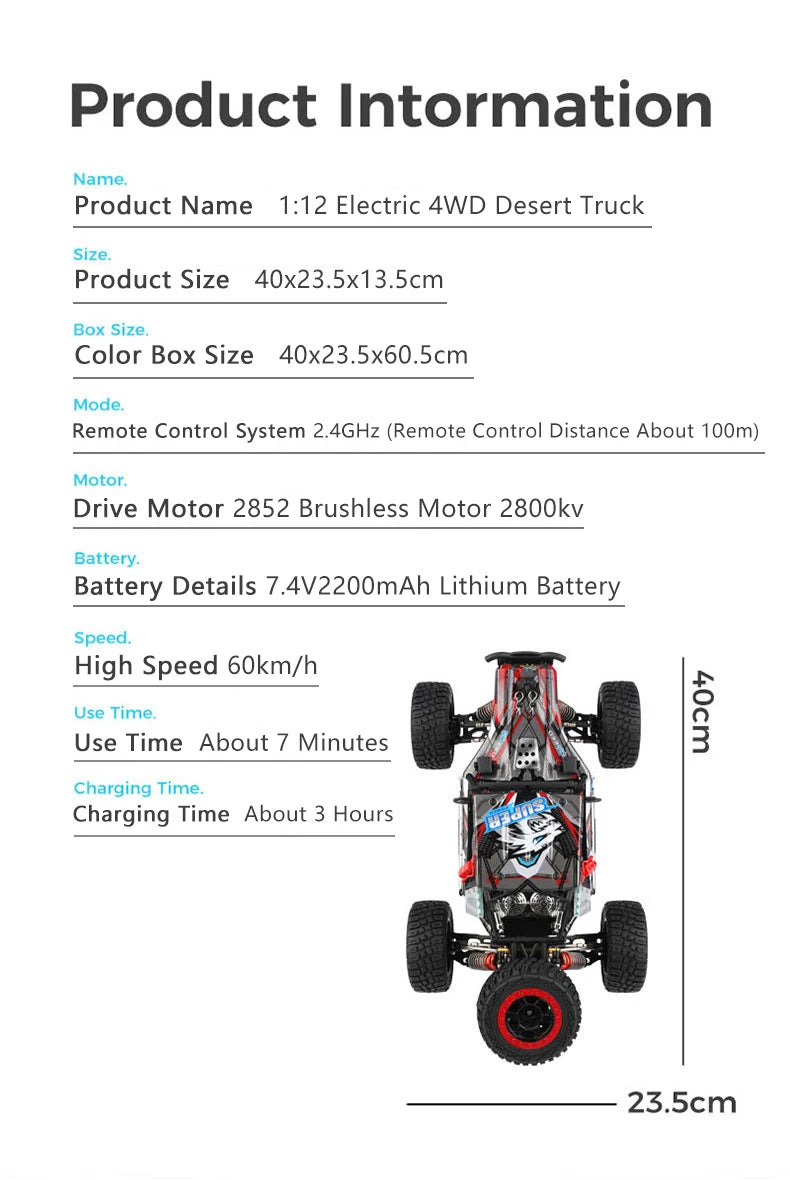 WLtoys 1/12 124028 RC Car 60KM/H High Speed 4WD Brushless Remote Control Vehicle 4x4 Off-road Crawler Model Toys for Adults
