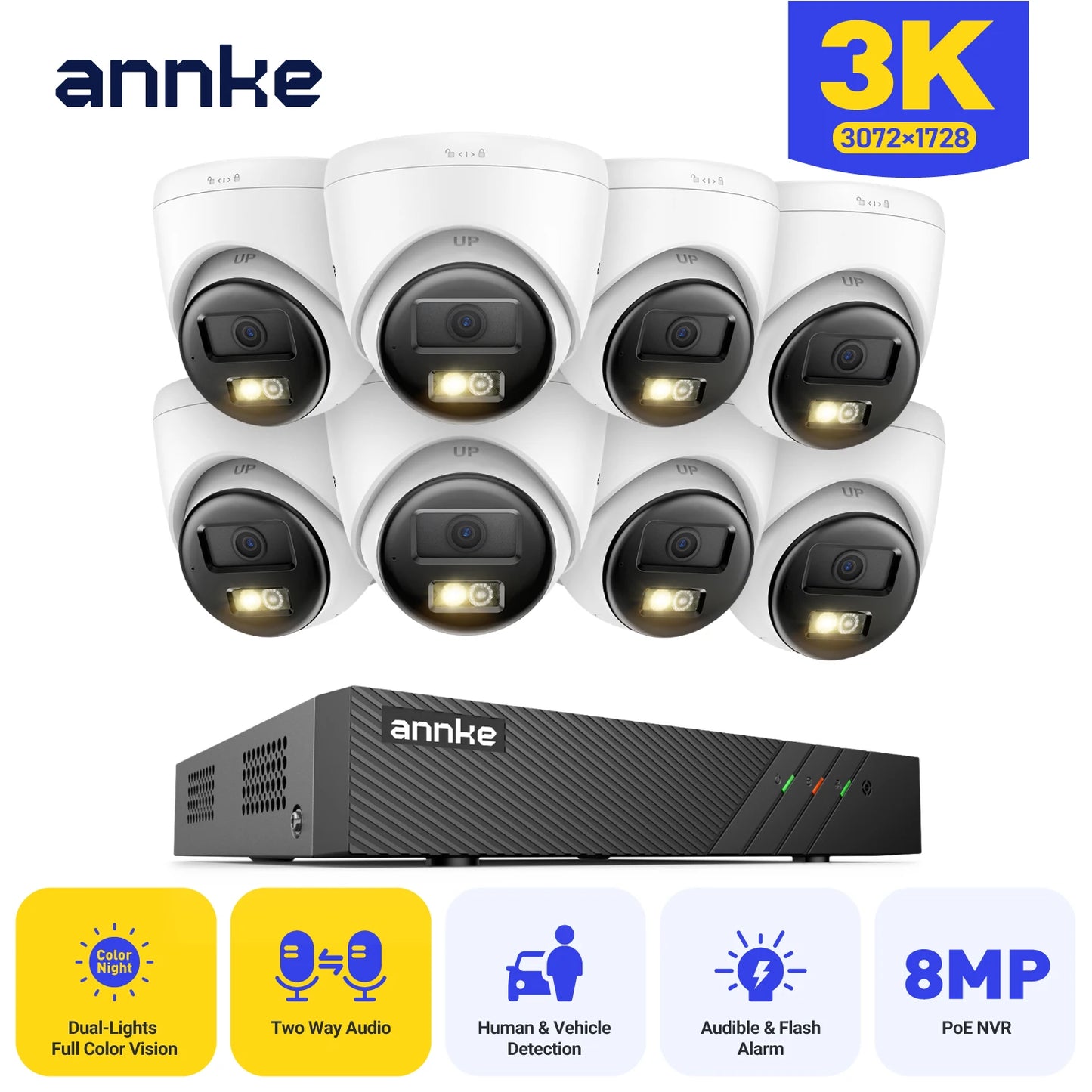 ANNKE 8Channel PoE Network Wired Surveillance System Kit with 3K 5MP Dual‑Light IP Cameras Smart Human/Vehicle Detection Two‑Way Audio Intercom H.265+ White Light & Audio Alarms, IP67 Weatherproof – Plug‑and‑Play fo