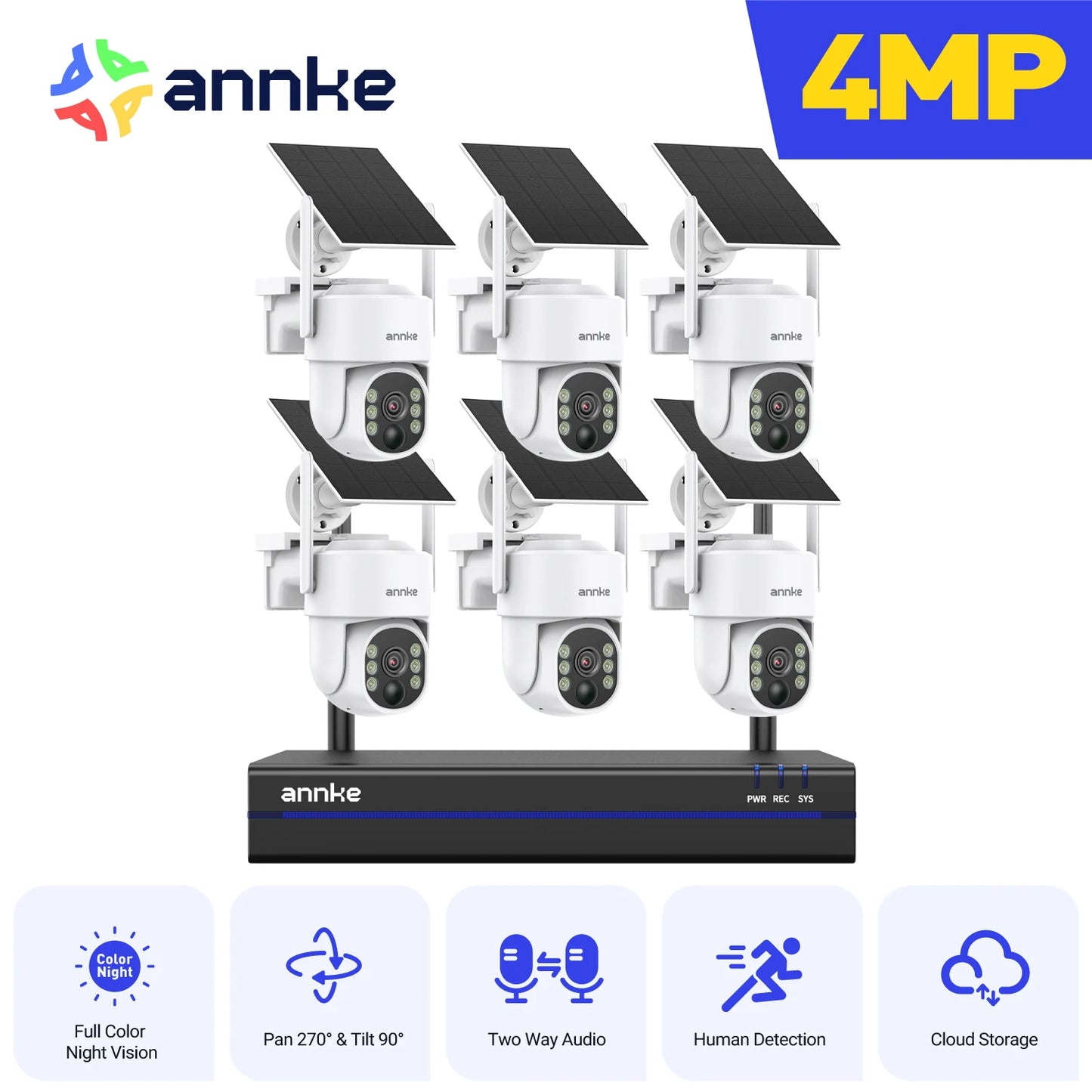 Annke 4MP Wireless PT Solar Camera 16CH NVR 2.4G&5.8G dual-band Security Camera Solar Built-in Battery wireless camera system