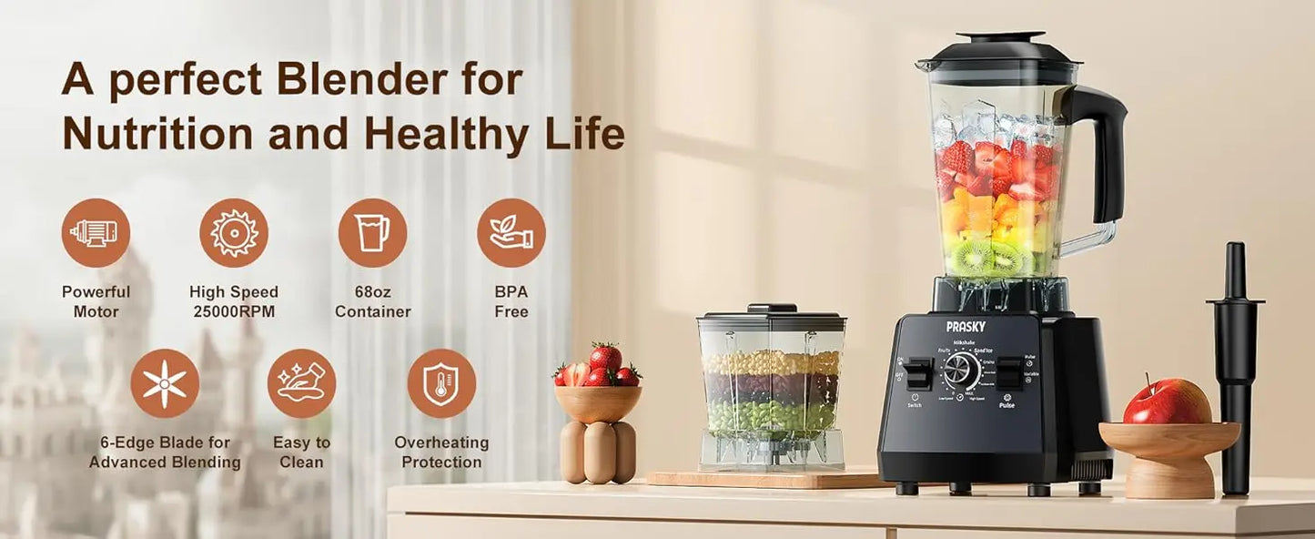 PRASKY 2400W Blender and Grinder Combo 25000RPM Powerful Kitchen 68oz BPA Free 2 Containers Professional  Blenders Ice Crushing