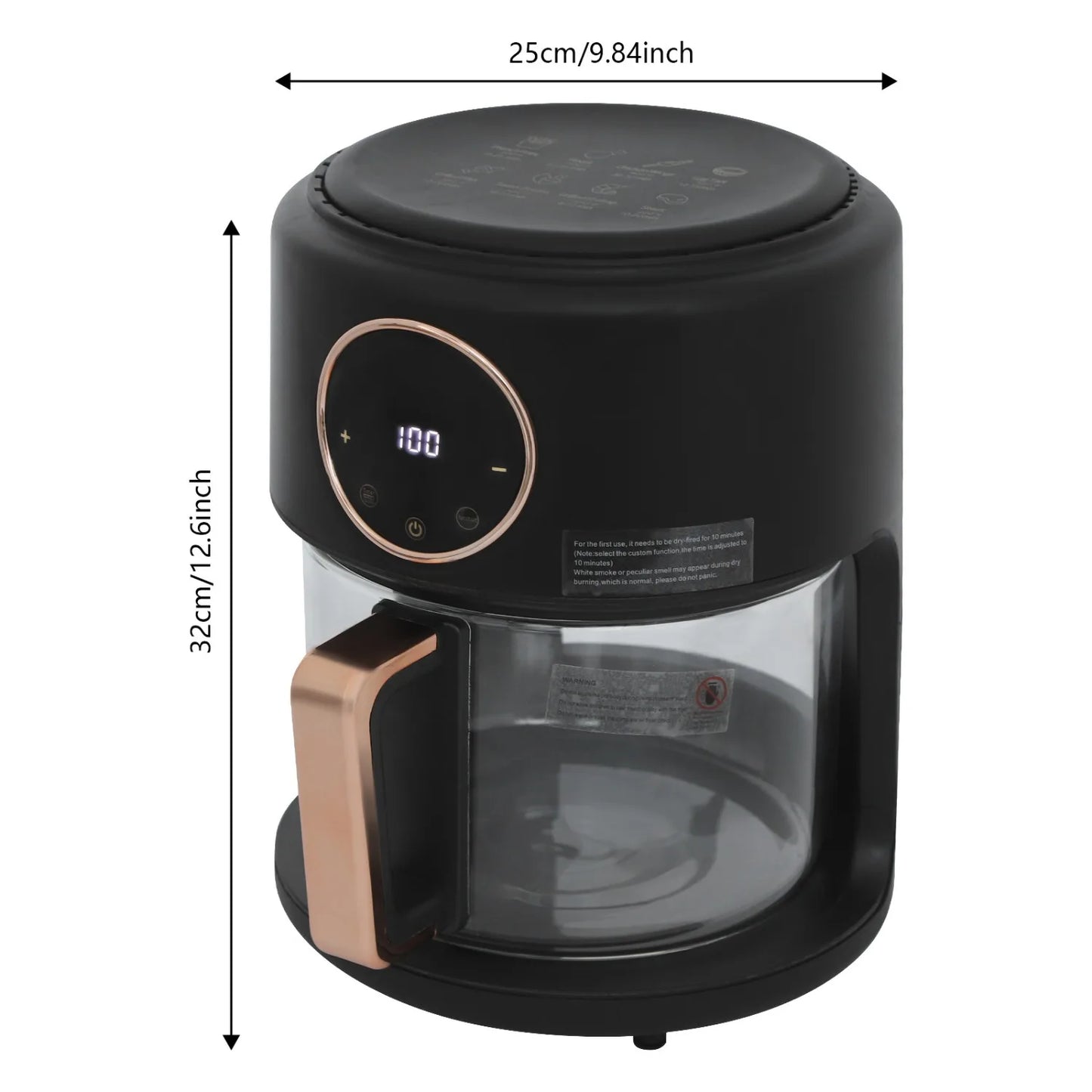 NEWEST 3.81Qt Airy Fryer 1200W Glass Air Fryer 360° Viewable Digital Airfryer Dehydrator Adjustable Temp 176℉ - 392℉ Nonstick 8 Presets Fast & Crispy Cooking Dishwasher Safe (Black)