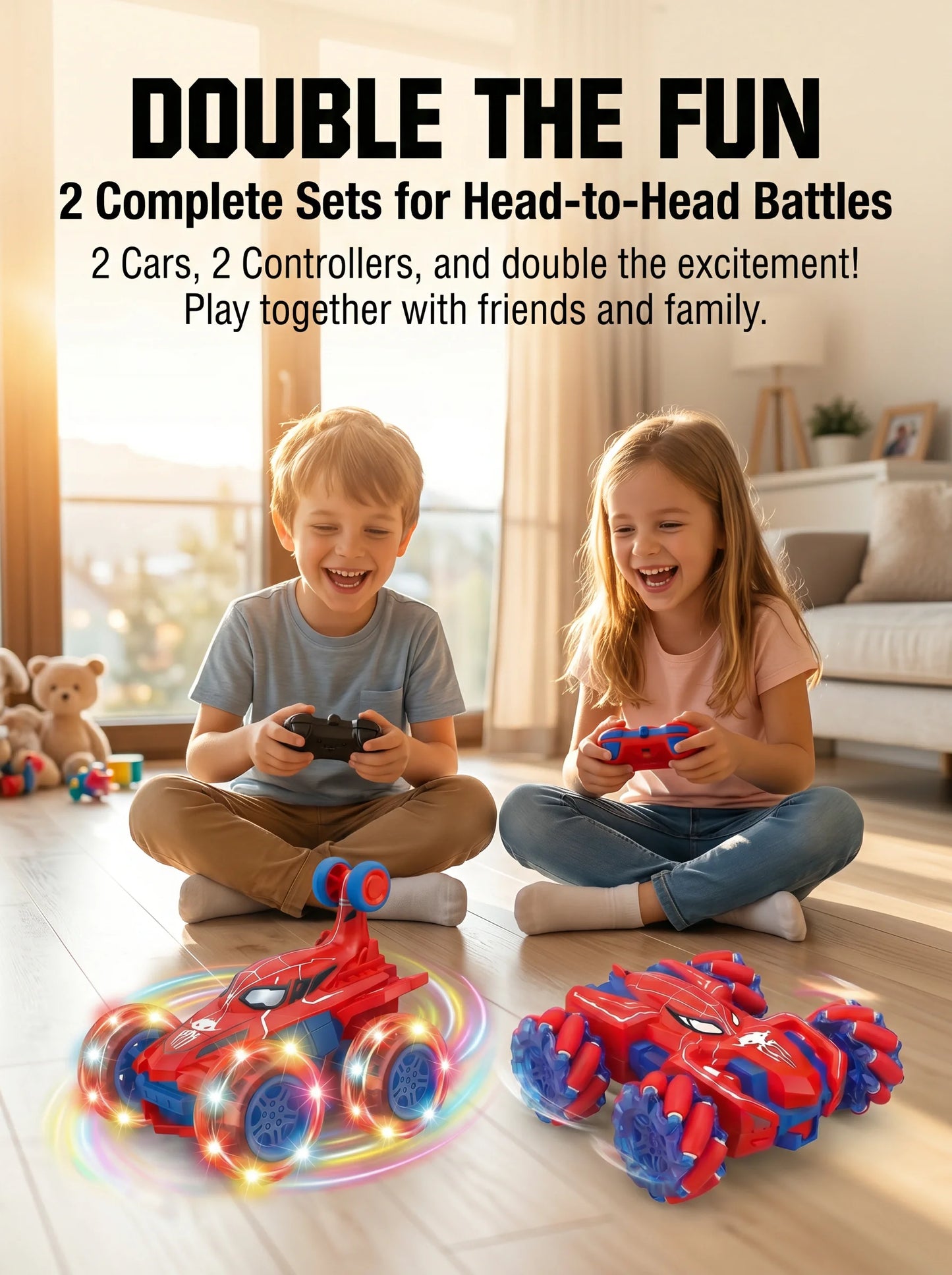 Dual 2Pcs Red Spider RC Stunt Car Bundle for Boys, Full Rotation Flip Light Up Stunt Car & Omni-Directional Drift Mecanum Wheel Remote Control Toy Cars, 2 Complete Sets With Controllers & USB Cables, Birthday Christmas Holida
