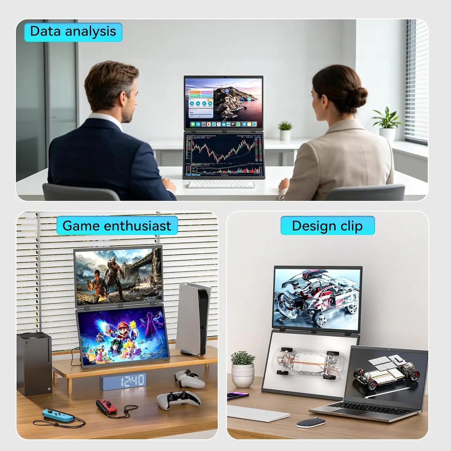 UPERFECT Delta 100HZ Dual Portable Monitor 18.5' 1080P FHD IPS Folding Stacked Triple Laptop Screen Extender USB-C Plug & Play Travel Extended Computer Display For Laptop PC Windows Mac W/Stand & VESA Mountable