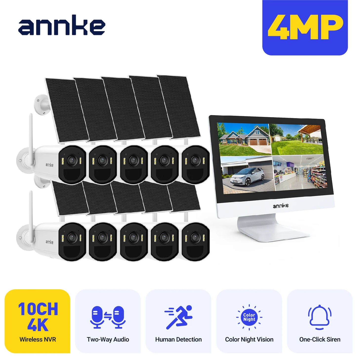 ANNKE 4MP Wireless Solar Security System with 12" All-in-One NVR Monitor , 10‑Channel, 2.4G/5.8G Dual‑Band WiFi, Two‑Way Audio, Smart Detection, IP65, Expandable (2/4/6/8/10 Cameras)