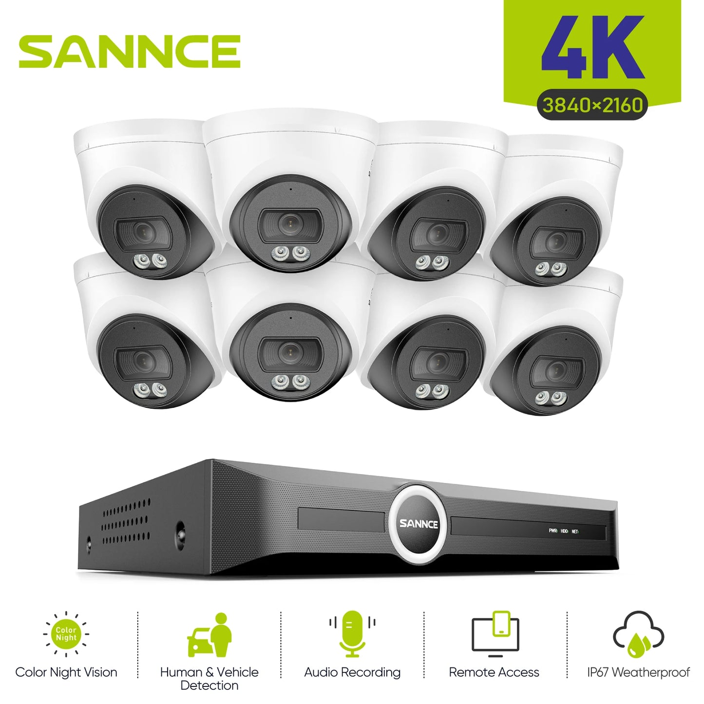 SANNCE 8MP PoE Security Camera Outdoor,8CH NVR with 2.8mm 4k home surveillance cameras ,H.265 Two-Way Audio,AI Human Vehicle Detection ,128° Dual Light Night Vision CCTV Surveillance Camera ONVIF