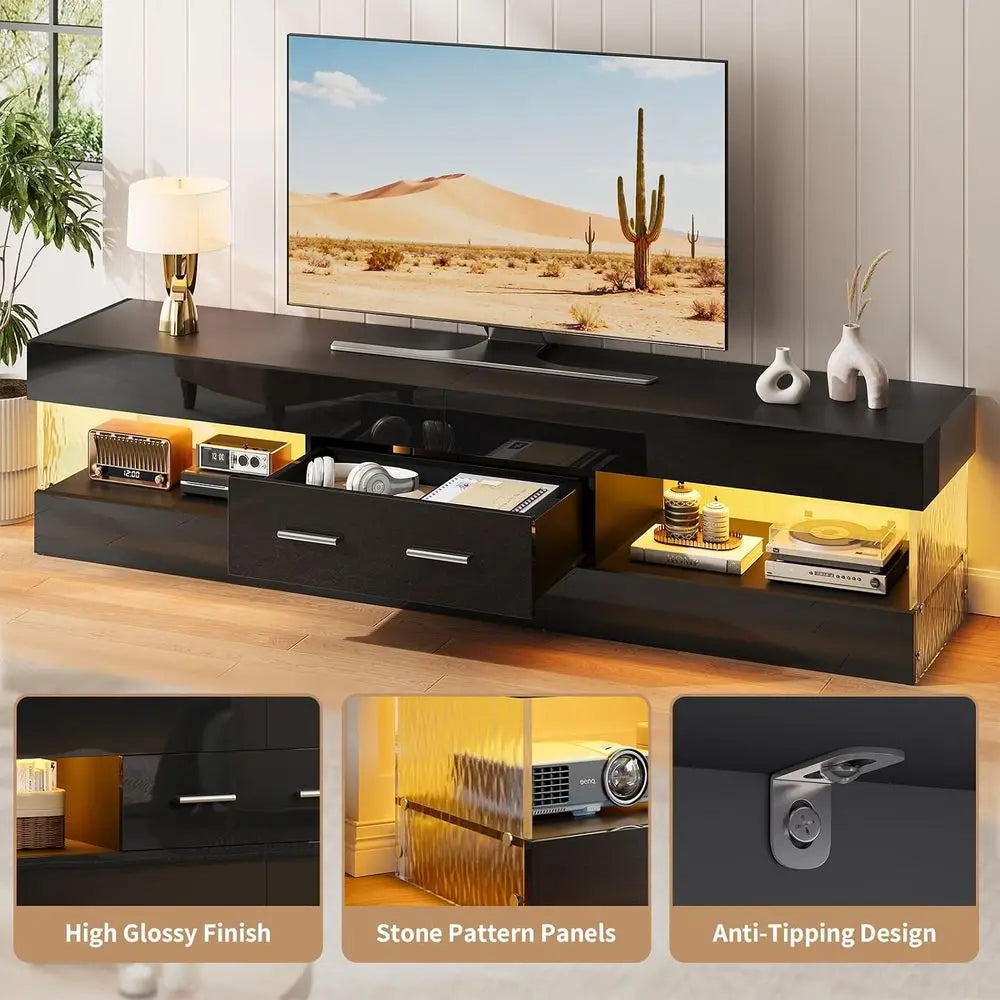 67" ern TV Stand or 75 Inch TV, LED Entertainment Center, Black | its up to 75 in TV, High Gloss with Stone Do, Storage Der & Sh