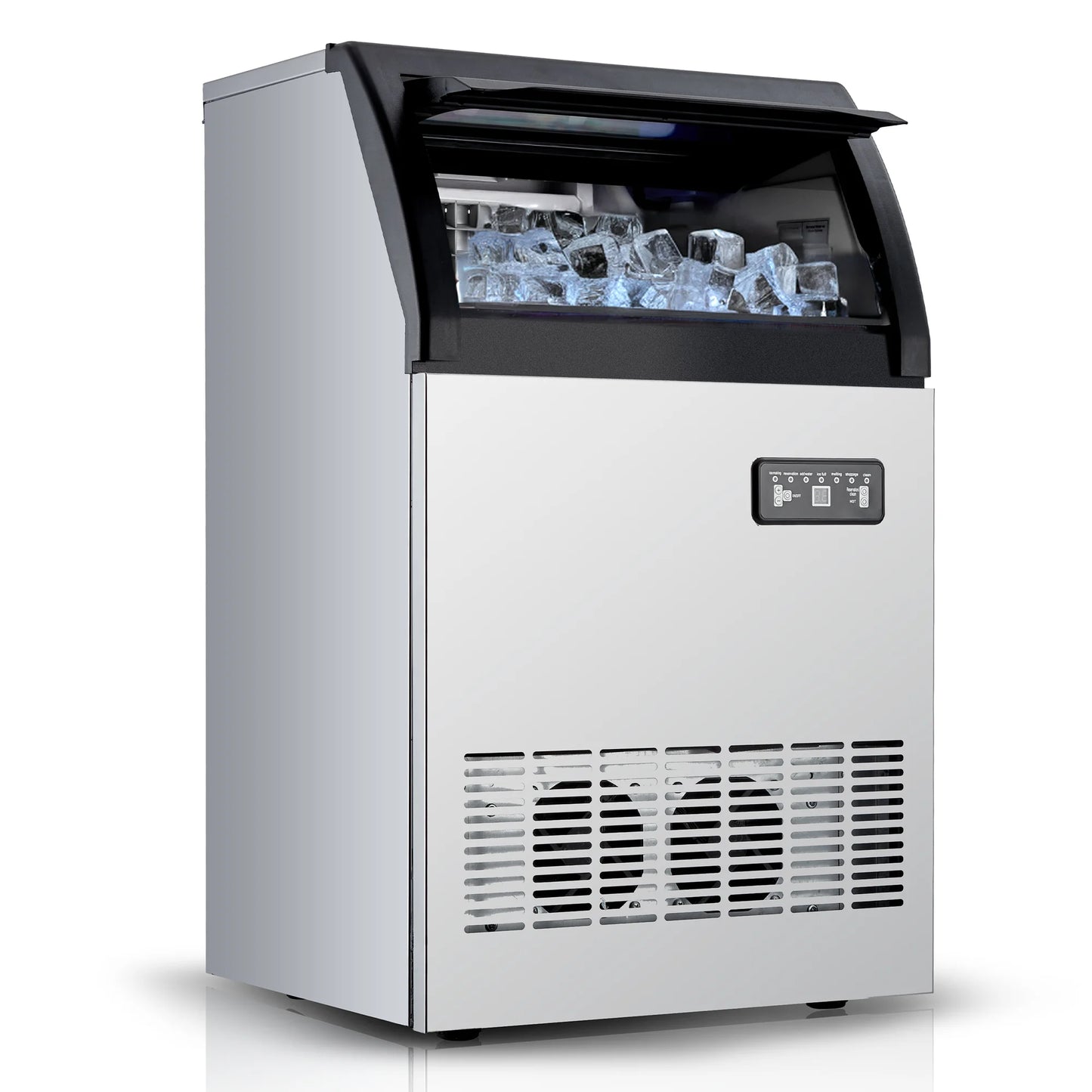 Commercial Ice Maker Machine 100LBS/24H, 50 Ice Cubes in 5-15 Min | 33 Lbs Storage Ice Bin, Freestand Stainless Steel Body, 2 Water Inlets, LED Display, for Home Bar Office Restaurant
