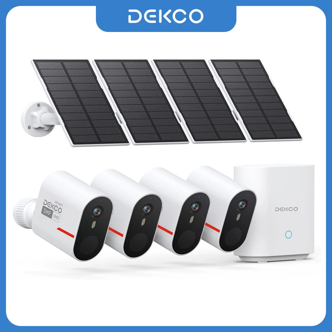 Dekco 3K/5MP Wireless Solar Camera System 4 Cam Kit Outdoor Solar Security Camera Set Color Night Vision 2-Way Talk CCTV Cam