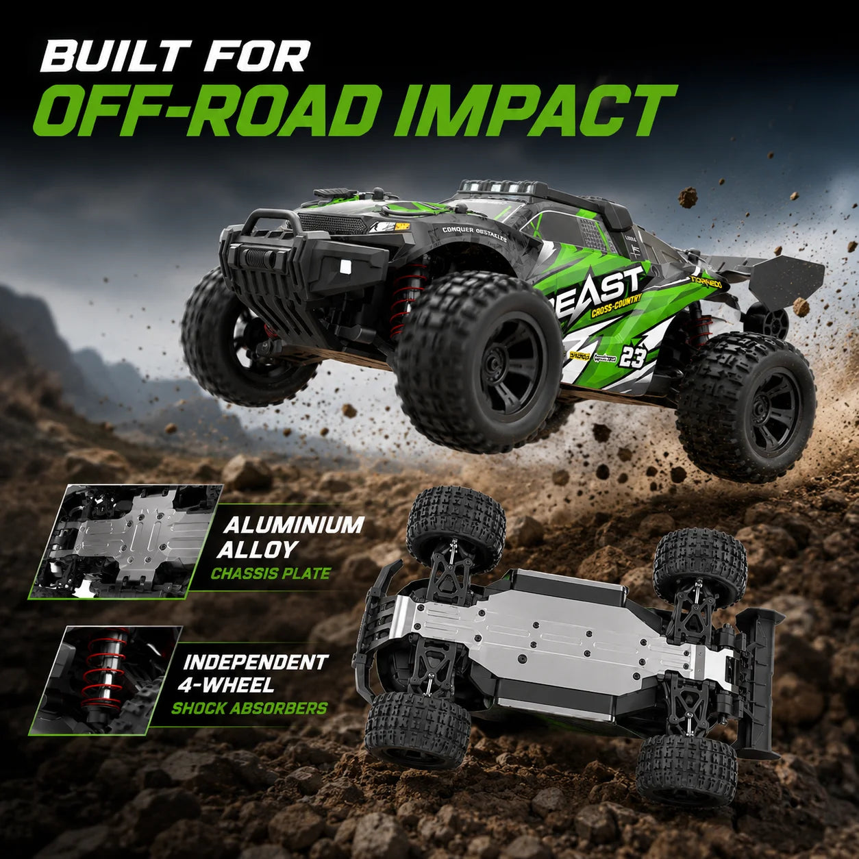 4WD Carbon Brush RC Off Road Car 35KM/H 2.4G Proportional Remote 80M Range Metal Differential Aluminum Alloy Chassis LED Headlight