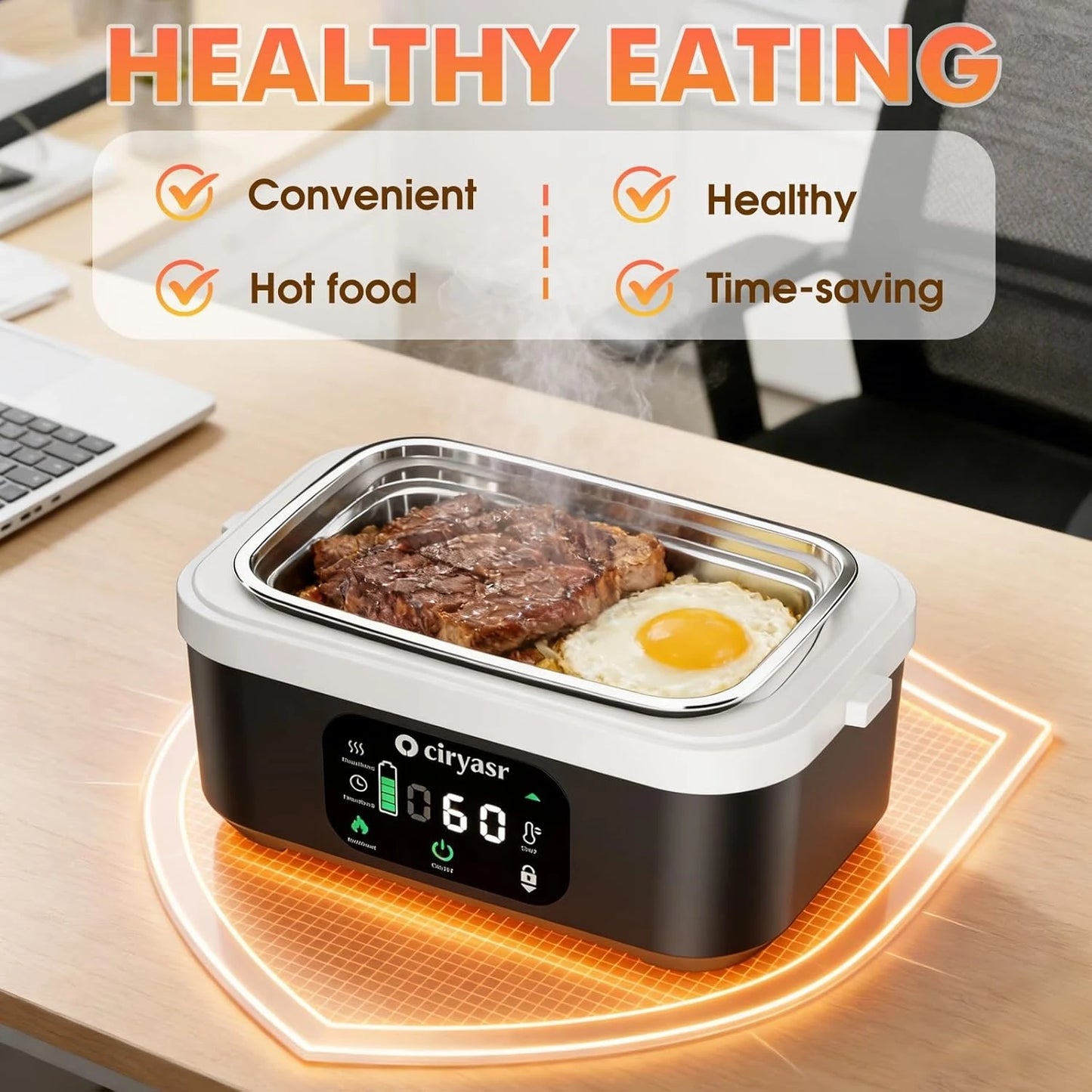 Powerful Electric Lunch Box, 1.35L 20000mAh Battery Powered Heated Lunch Box, Fast Heating&Long Lasting, Food Warmer with Stainless Steel Tableware and Insulated Bag for Car Office Camping Picnic