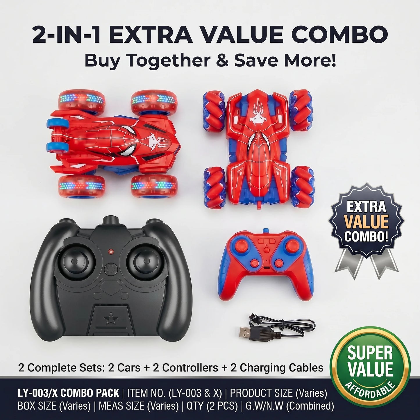 Dual 2Pcs Red Spider RC Stunt Car Bundle for Boys, Full Rotation Flip Light Up Stunt Car & Omni-Directional Drift Mecanum Wheel Remote Control Toy Cars, 2 Complete Sets With Controllers & USB Cables, Birthday Christmas Holida