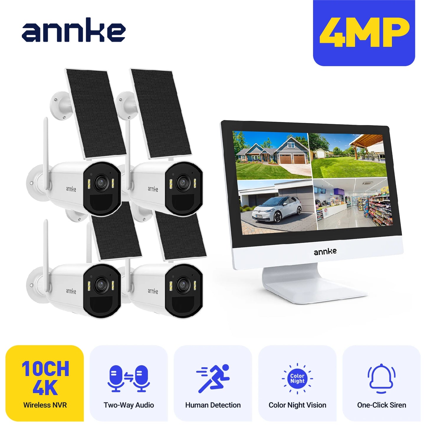ANNKE 4MP Wireless Solar Security System with 12" All-in-One NVR Monitor , 10‑Channel, 2.4G/5.8G Dual‑Band WiFi, Two‑Way Audio, Smart Detection, IP65, Expandable (2/4/6/8/10 Cameras)