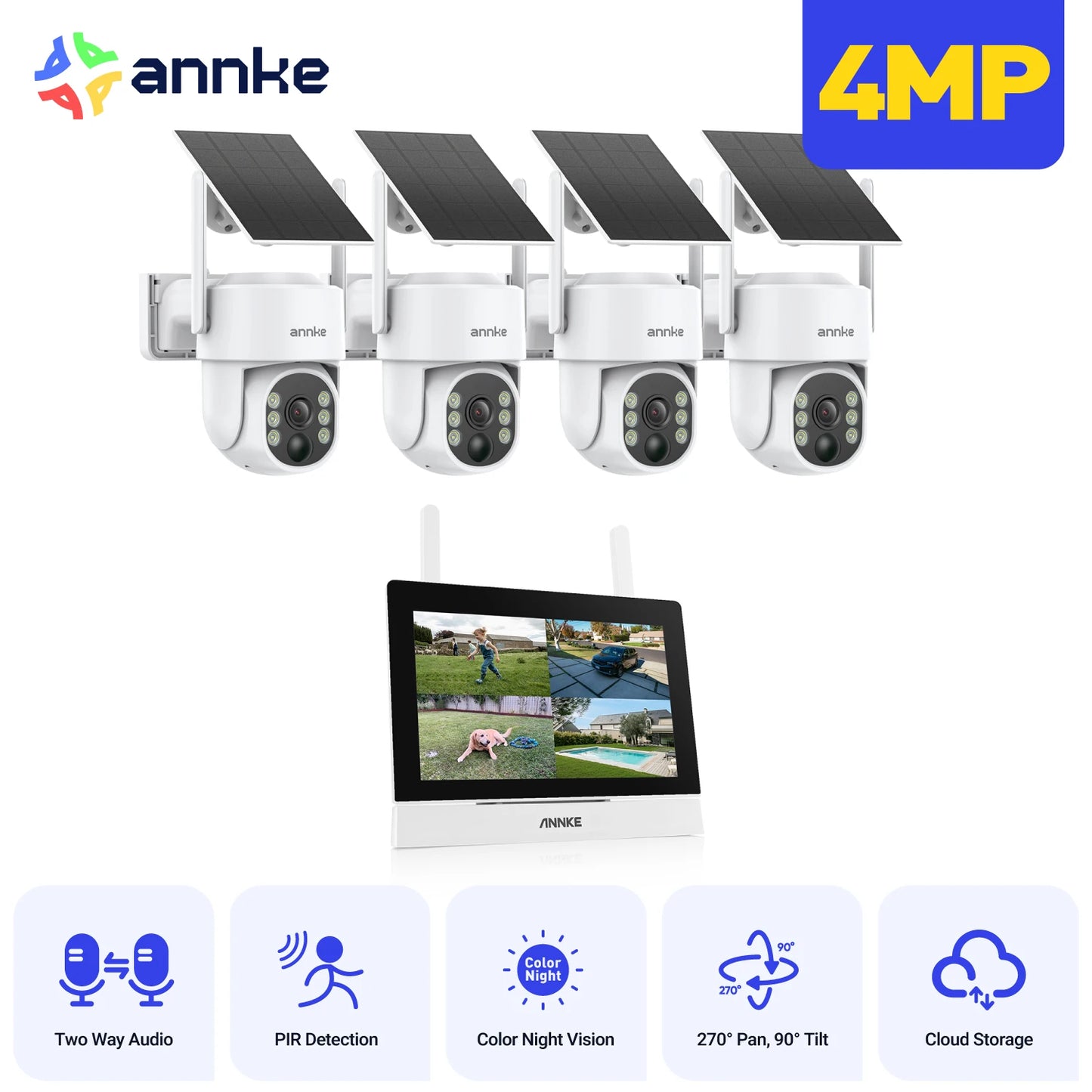 Annke 4MP 4PCS Solar Wireless Security Cameras Video Surveillance Kit Two-way Voice 7″ Monitor Motion Detection Security 4CH NVR