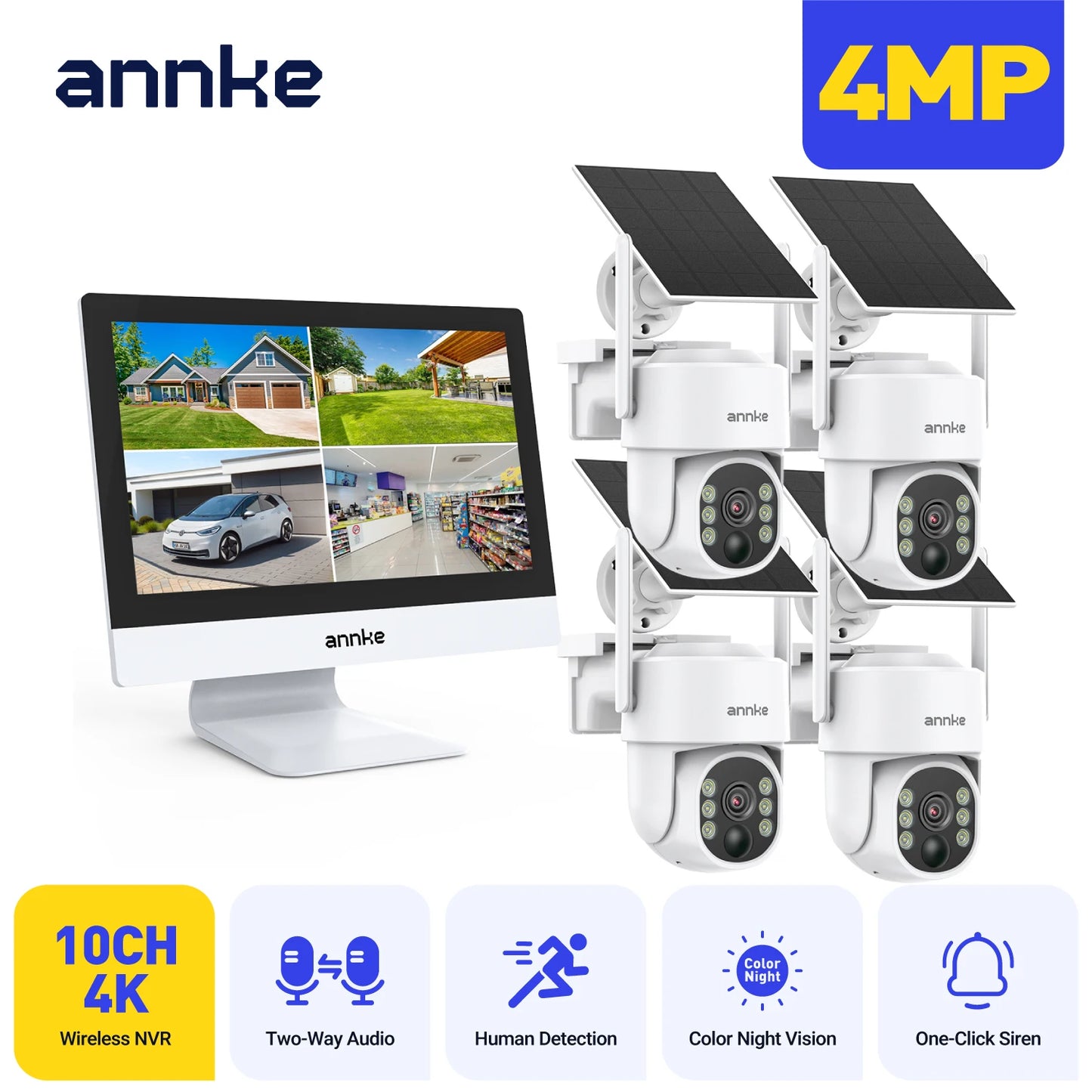 ANNKE Wireless Solar Security System – 10CH 12inch 8MP NVR 4MP PT Camera, Dual-Light Full-Color Night Vision, PIR+AI Human Detection, Two-Way Audio, APP Alerts & Alexa Compatible