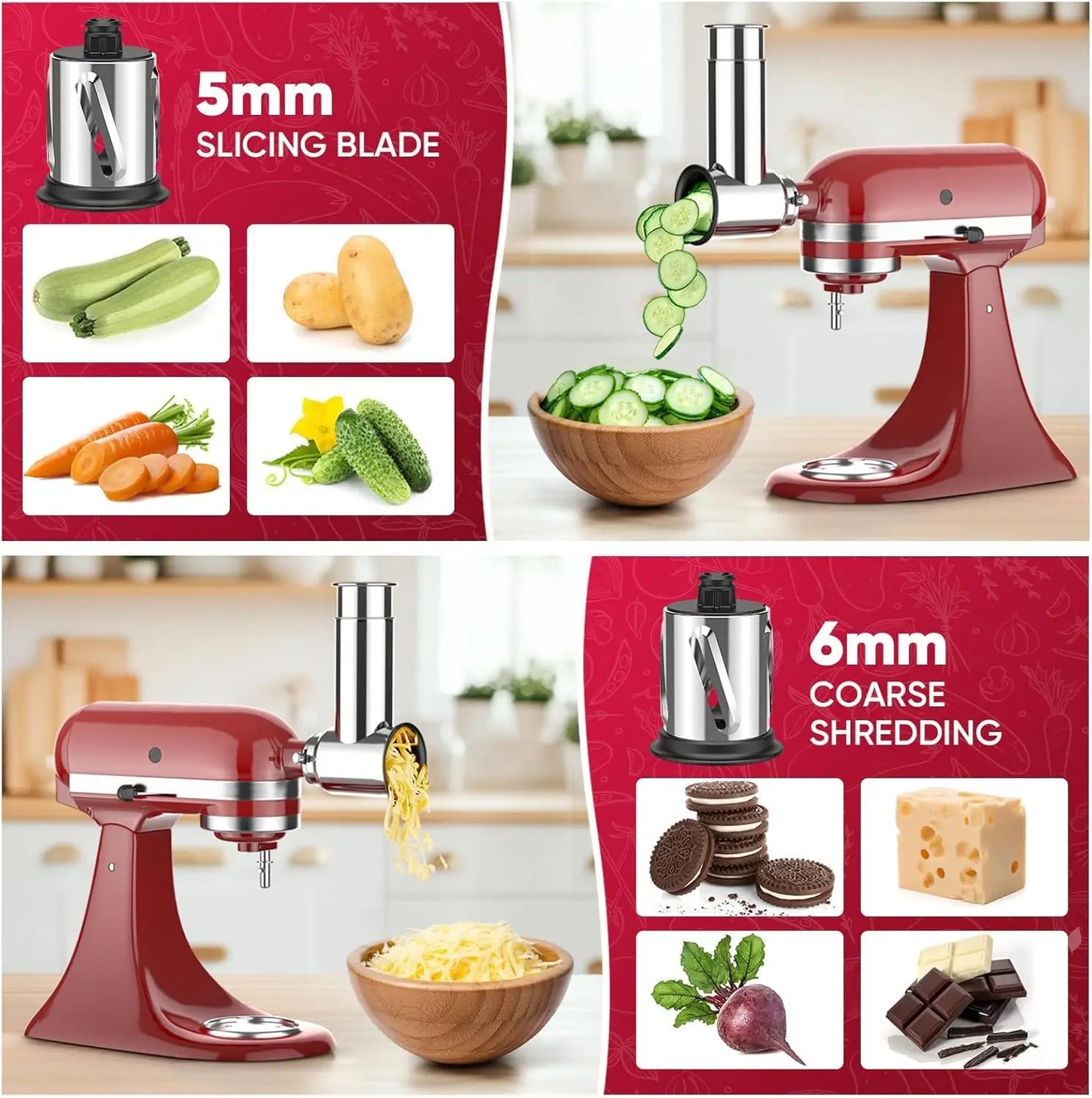 Stainless Steel Slicer Shredder Attachment for KitchenAid Stand Mixers Salad Maker Grinding Powder with 4 Blades
