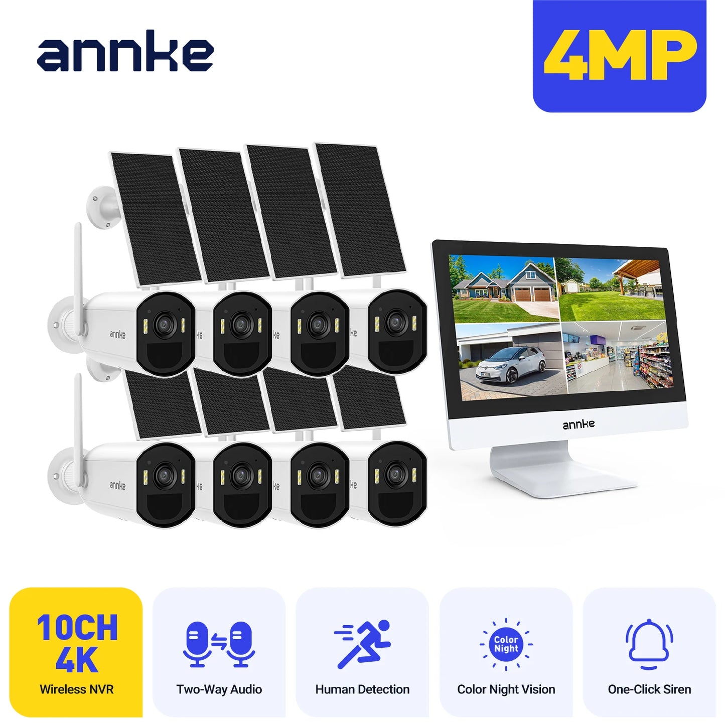 ANNKE 4MP Wireless Solar Security System with 12" All-in-One NVR Monitor , 10‑Channel, 2.4G/5.8G Dual‑Band WiFi, Two‑Way Audio, Smart Detection, IP65, Expandable (2/4/6/8/10 Cameras)